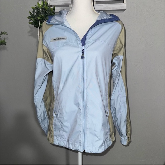 Columbia Windbreaker Jacket Women’s Small Blue Tan Rain Hood Adjustable - Picture 1 of 14